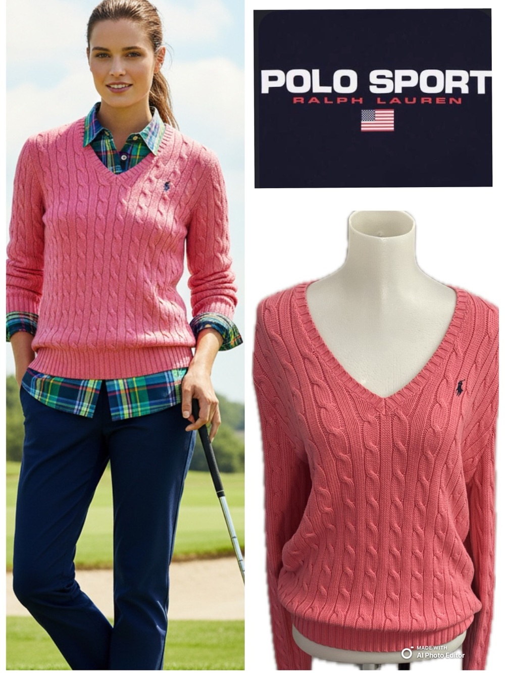 VTG Ralph Lauren Sport Hot Pink Cable Knit V-Neck Sweater XL